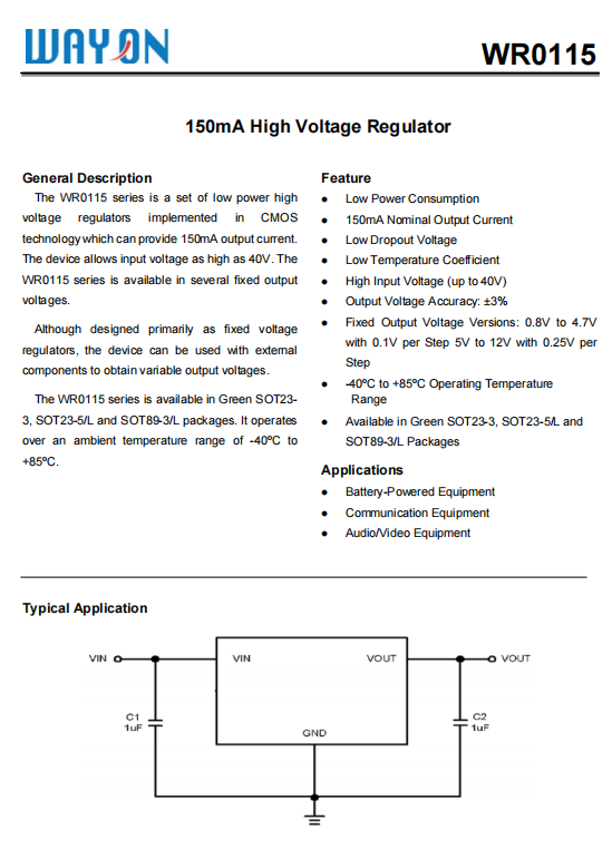 Wayon代理商，维安代理商，40V 150mA高压稳压器LDO， WR0115系列， WR0115-33A30R ，WR0115-33A50R ，WR0115-33A20R