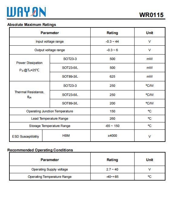 Wayon代理商，维安代理商，40V 150mA高压稳压器LDO， WR0115系列， WR0115-33A30R ，WR0115-33A50R ，WR0115-33A20R
