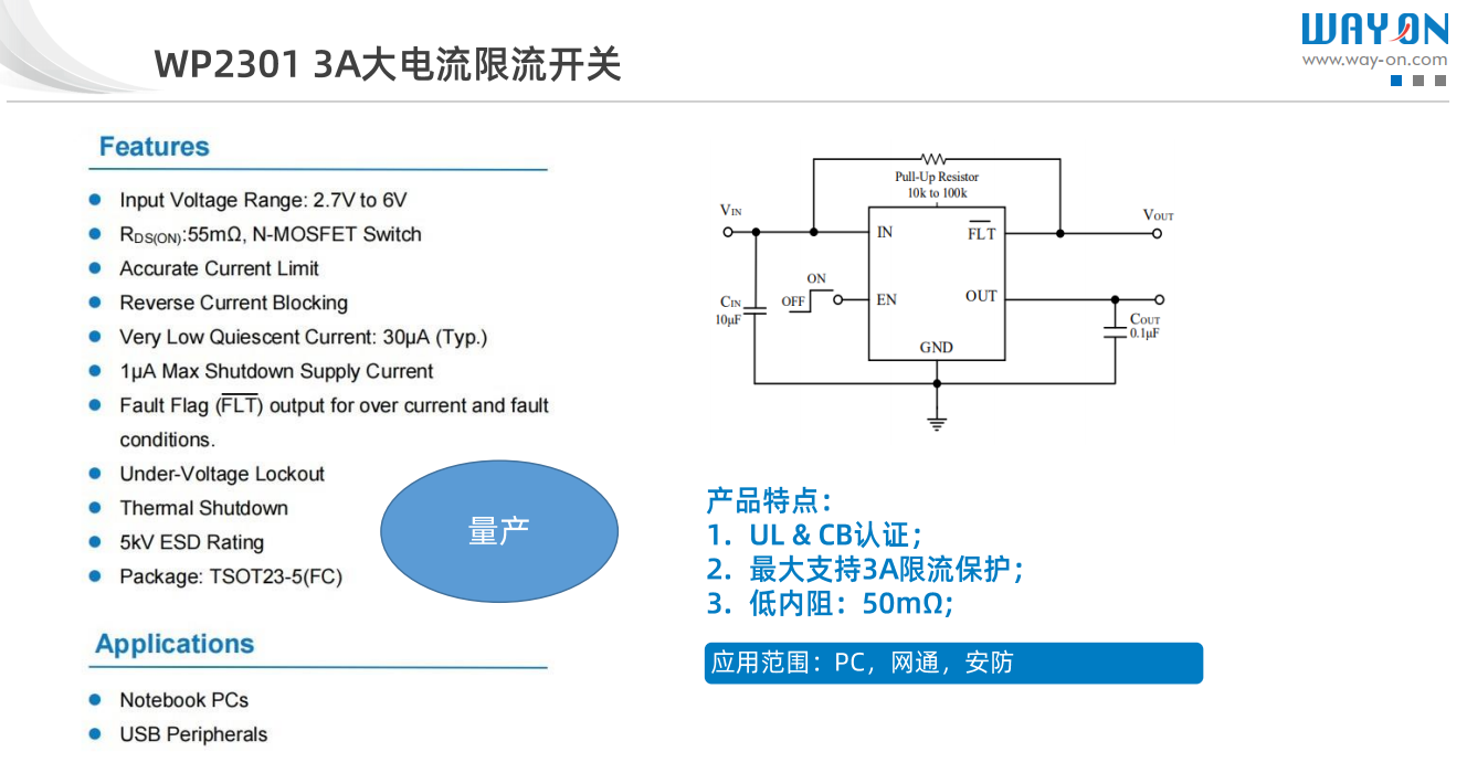 维安限流开关，WR2301 3A大电流限流开关，完美替换矽力杰SY6282LACC， 6V, 2.5A低损耗USB限流开关芯片.png